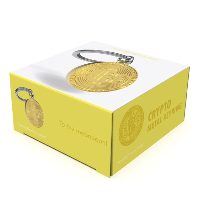 Metalmorphose.lt metalinis raktų pakabukas CRYPTO COIN. Metalinis žetono korpusas, nudažytos Bitcoin simbolio detalės, 3D kripto monetos miniatiūra. Nerūdijančio plieno žiedas. Pakabukas iš KASDIENYBĖS PASAULIS kolekcijos.