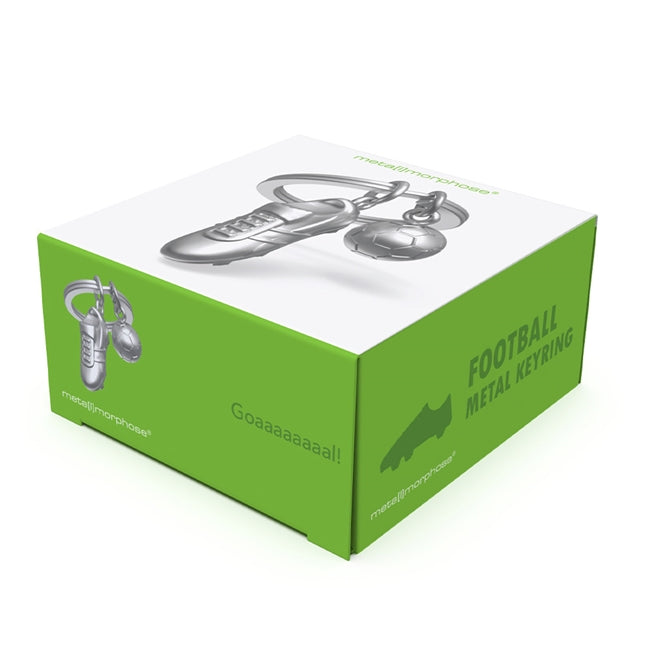 Metalmorphose.lt metalinis raktų pakabukas FUTBOLO AISTRA. 3D metalinis futbolo batas ir detalus futbolo kamuolys, premium cinko lydinys, plieno žiedas. SPORTO PASAULIS kolekcija.