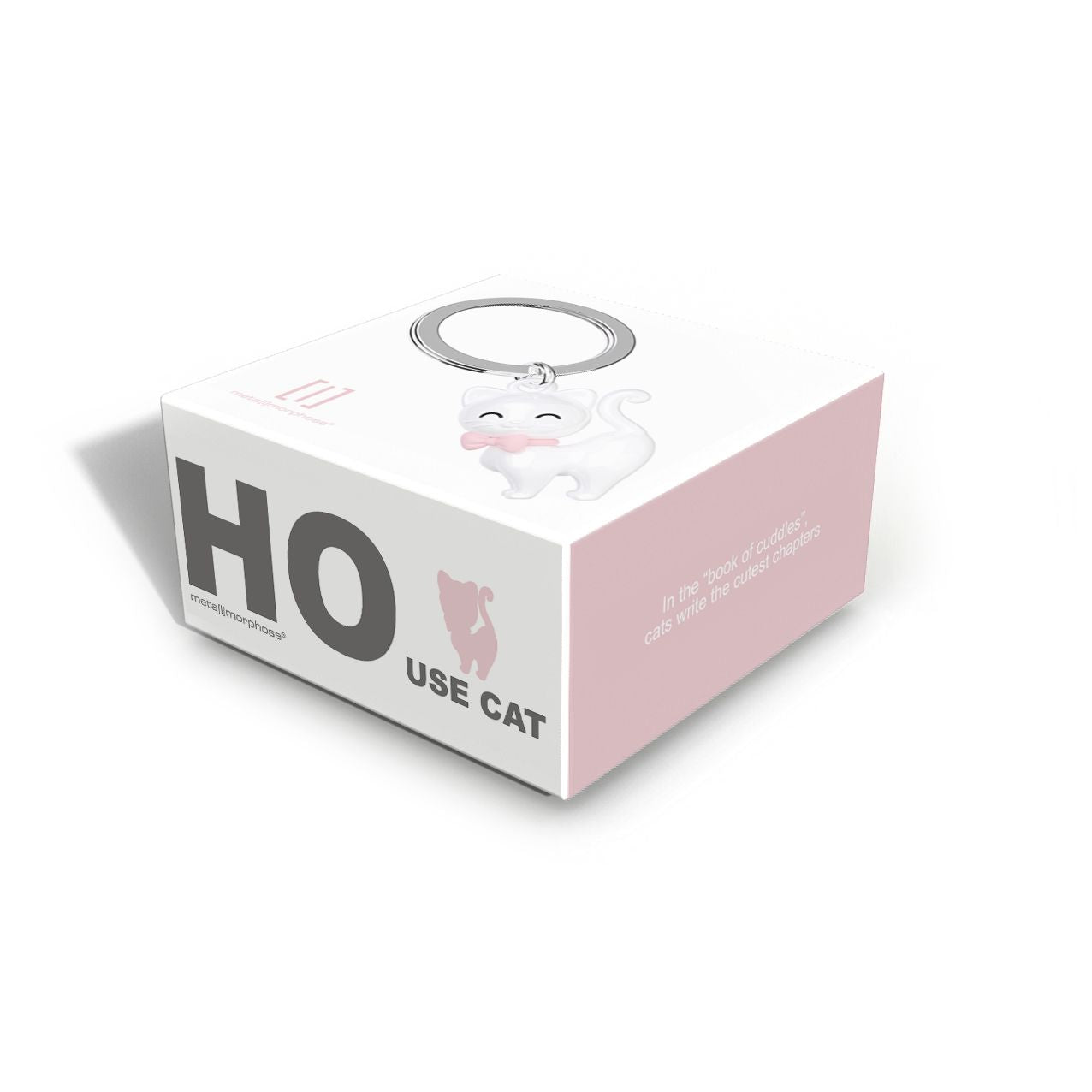 Metalinis raktų pakabukas Namų Murklys – balta katė, glotnus paviršius, 3D detalės.