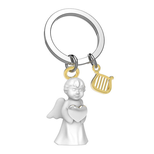 Metalmorphose.lt metalinis raktų pakabukas ANGELAS SARGAS. Metalinis angelas su širdelė ir auksine arfa. Premium simbolinė miniatiūra iš SIMBOLIŲ PASAULIS kolekcijos.