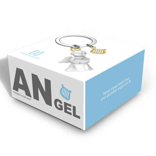 Metalmorphose.lt metalinis raktų pakabukas ANGELAS SARGAS. Metalinis angelas su širdelė ir auksine arfa. Premium simbolinė miniatiūra iš SIMBOLIŲ PASAULIS kolekcijos.