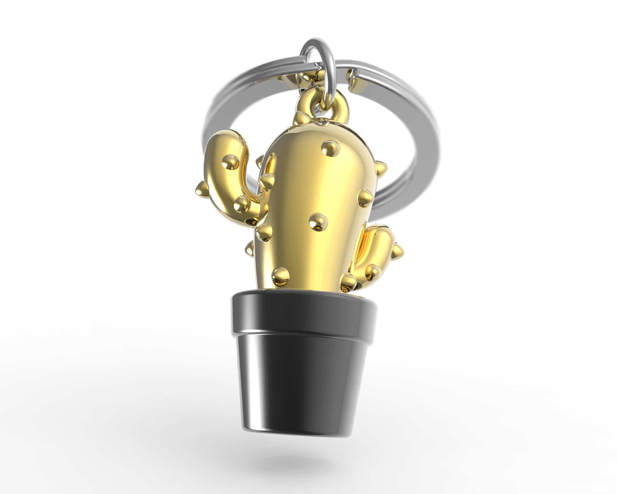 Metalmorphose.lt metalinis raktų pakabukas AUKSINIS KAKTUSAS. Metalinis korpusas, nudažytas auksinis paviršius, kaktuso 3D miniatiūra. Nerūdijančio plieno žiedas. Pakabukas iš KASDIENYBĖS PASAULIS kolekcijos.