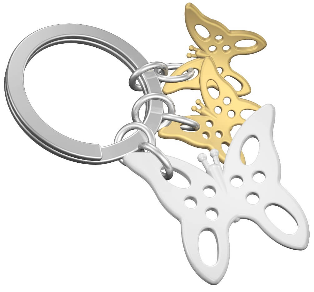 Metalinis raktų pakabukas Angelų Bučiniai – drugeliai su pomponu, 3D detalės, švelnios spalvos.