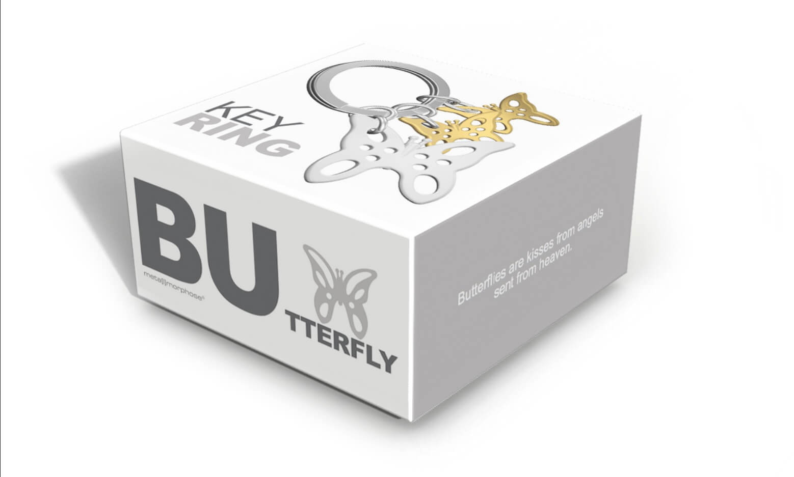 Metalinis raktų pakabukas Angelų Bučiniai – drugeliai su pomponu, 3D detalės, švelnios spalvos.