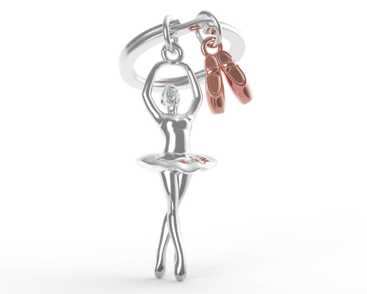 Metalmorphose.lt metalinis raktų pakabukas BALERINOS PASLAPTIS. 3D balerina ir rožinio aukso baleto bateliai, detalus cinko lydinio dizainas, plieno žiedas. SPORTO PASAULIS kolekcija.