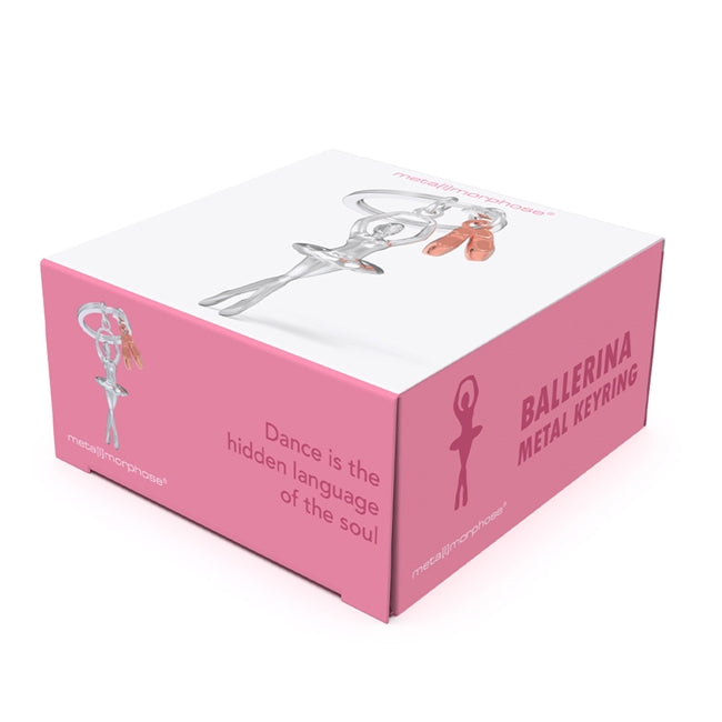 Metalmorphose.lt metalinis raktų pakabukas BALERINOS PASLAPTIS. 3D balerina ir rožinio aukso baleto bateliai, detalus cinko lydinio dizainas, plieno žiedas. SPORTO PASAULIS kolekcija.