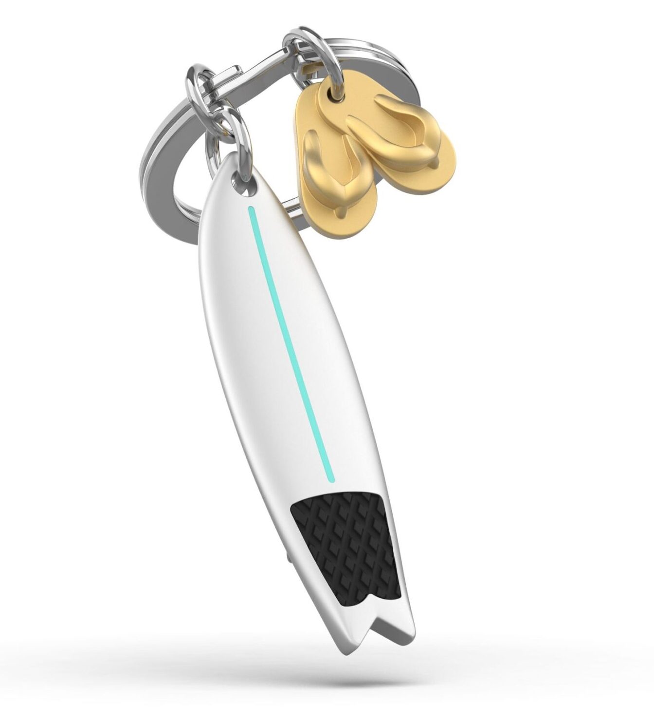 Metalmorphose.lt metalinis raktų pakabukas BANGLENTĖ IR TAPKĖS. 3D banglentės ir  auksinių tapkių miniatiūros, smulkios detalės, premium cinko lydinys, plieno žiedas. SPORTO PASAULIS kolekcija.