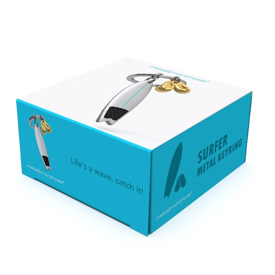 Metalmorphose.lt metalinis raktų pakabukas BANGLENTĖ IR TAPKĖS. 3D banglentės ir  auksinių tapkių miniatiūros, smulkios detalės, premium cinko lydinys, plieno žiedas. SPORTO PASAULIS kolekcija.