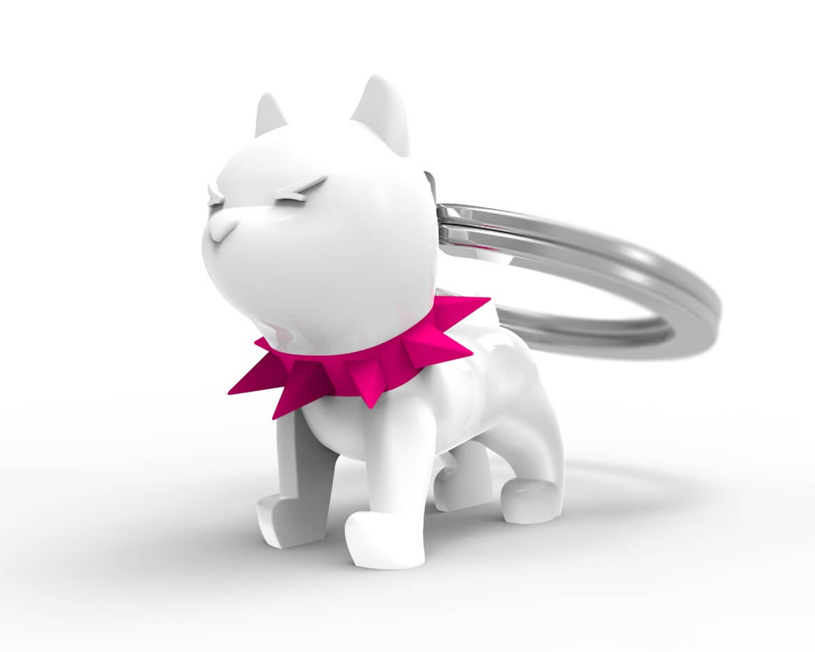 Metalinis raktų pakabukas Baltasis Stipruolis – baltas bulterjeras, 3D detalės, elegantiška forma.