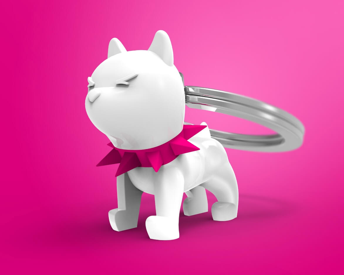 Metalinis raktų pakabukas Baltasis Stipruolis – baltas bulterjeras, 3D detalės, elegantiška forma.