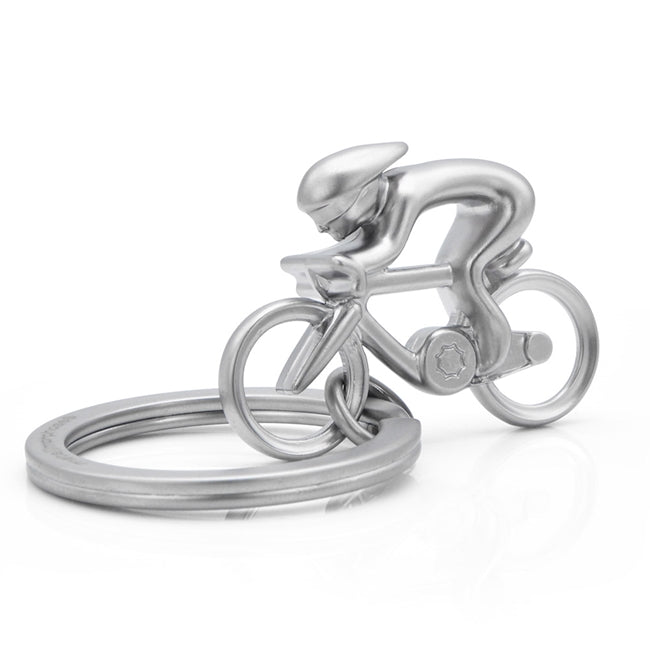 Metalmorphose.lt metalinis raktų pakabukas DVIRATININKAS. 3D detalus metalinis dviratis su mini žmogeliu ant jo, premium cinko lydinys, plieno žiedas. SPORTO PASAULIS kolekcija.