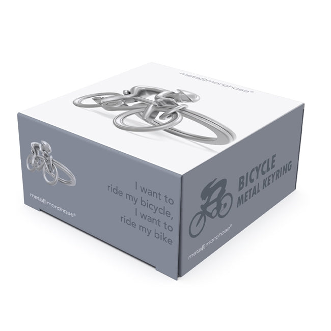Metalmorphose.lt metalinis raktų pakabukas DVIRATININKAS. 3D detalus metalinis dviratis su mini žmogeliu ant jo, premium cinko lydinys, plieno žiedas. SPORTO PASAULIS kolekcija.
