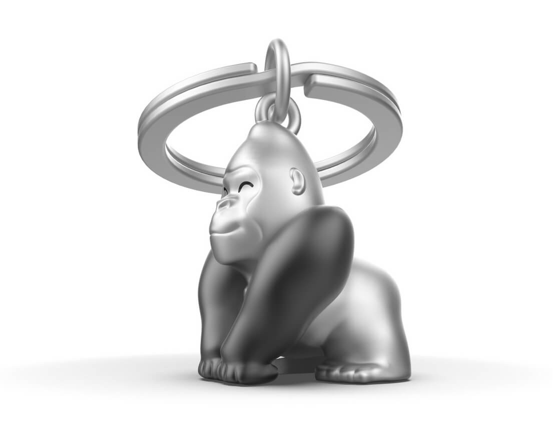 Metalinis raktų pakabukas Džiunglių Šypsena – gorila, juodas 3D siluetas, metalo detalės, premium dovaninė dėžutė.