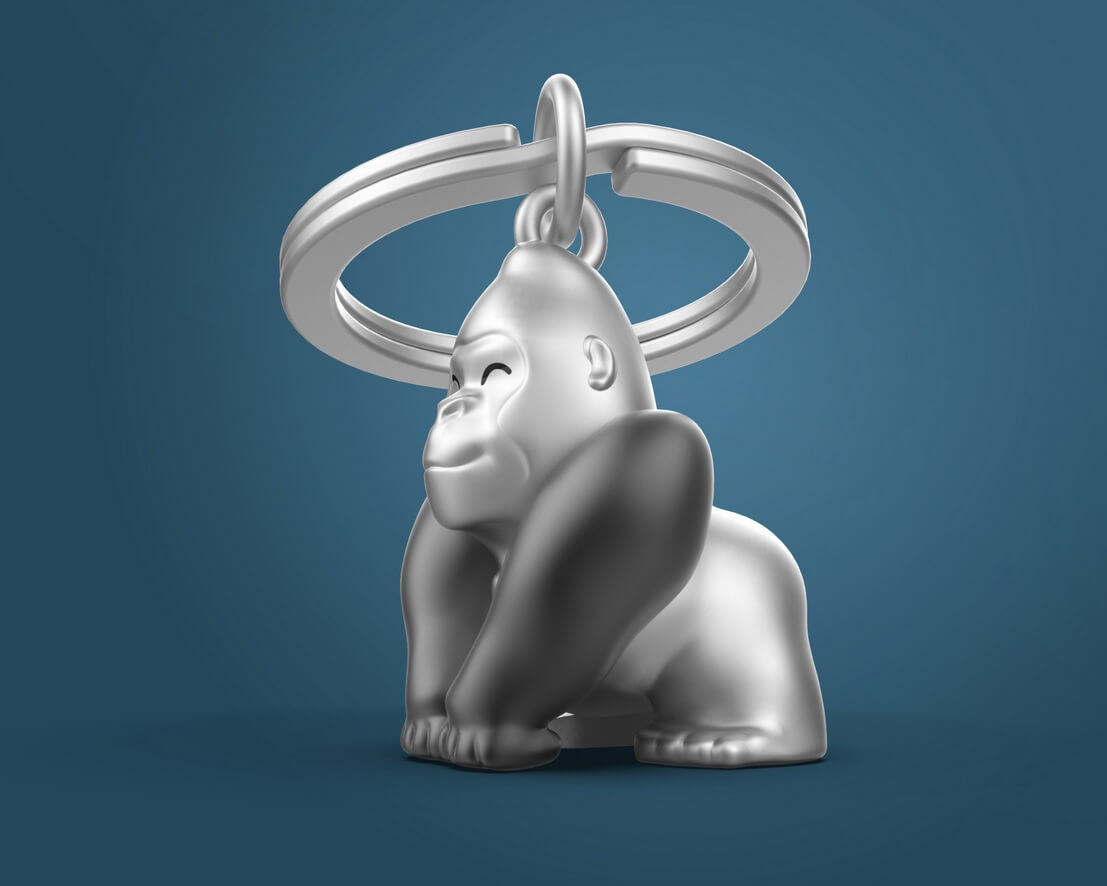 Metalinis raktų pakabukas Džiunglių Šypsena – gorila, juodas 3D siluetas, metalo detalės, premium dovaninė dėžutė.