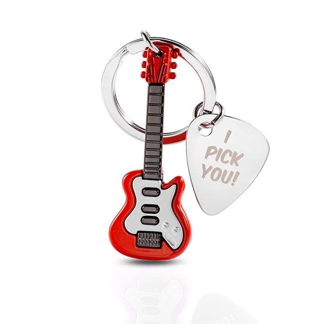 Metalmorphose metalinis raktų pakabukas „Elektro Gitara“ su 3D elektrinės gitaros ir mediatoriaus su užrašu " I pick you ! " dizainu iš Muzikos Pasaulis kolekcijos.