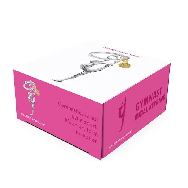 Metalmorphose.lt metalinis raktų pakabukas GIMNASTIKOS MŪZA. 3D gimnastės figūra su auksiniu #1 medaliu, detalus cinko lydinio dizainas, plieno žiedas. SPORTO PASAULIS kolekcija.