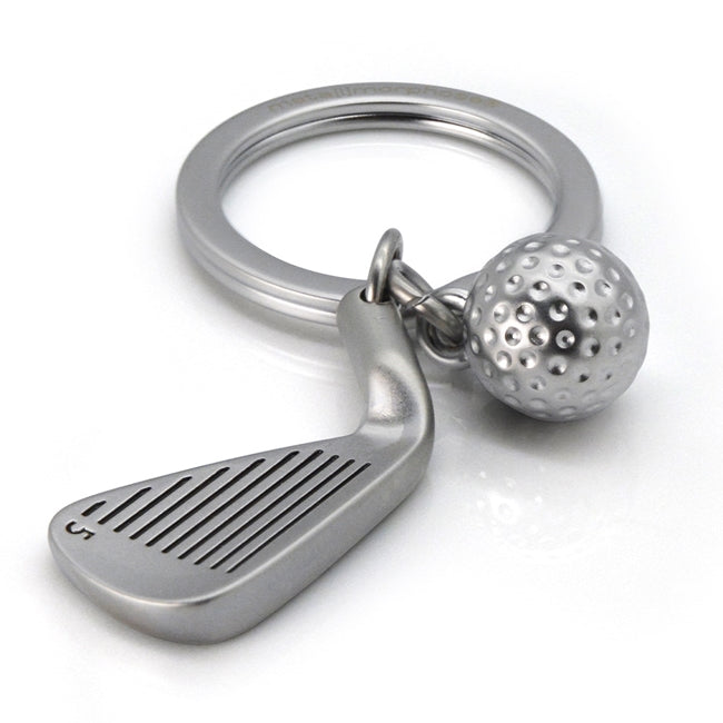 Metalmorphose.lt metalinis raktų pakabukas GOLFO DVASIA. 3D metalinis golfo lazdos galas ir detalus metalinis golfo kamuoliukas, premium cinko lydinys, plieno žiedas. SPORTO PASAULIS kolekcija.