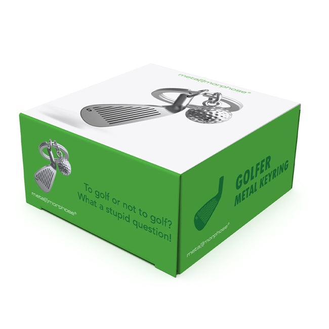 Metalmorphose.lt metalinis raktų pakabukas GOLFO DVASIA. 3D metalinis golfo lazdos galas ir detalus metalinis golfo kamuoliukas, premium cinko lydinys, plieno žiedas. SPORTO PASAULIS kolekcija.