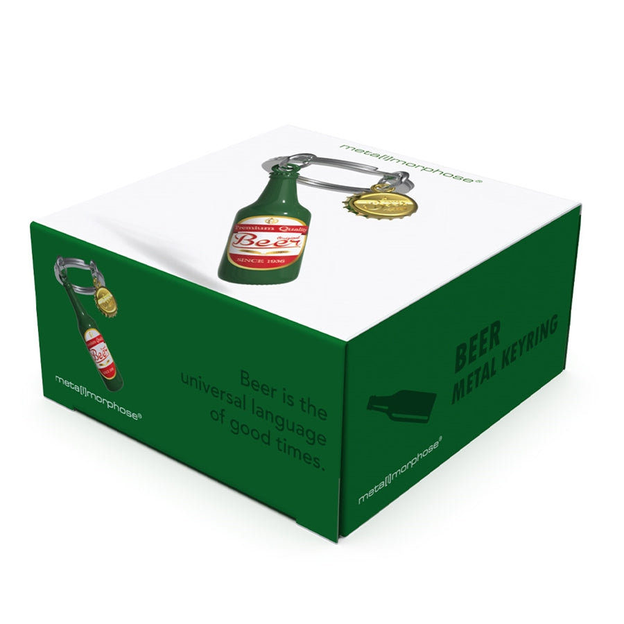 Metalmorphose metalinis raktų pakabukas „Gurmaniškas Alus“ – alaus butelio su auksiniu kamšteliu 3D dizainas, premium dovana iš Skonių Pasaulis kolekcijos.