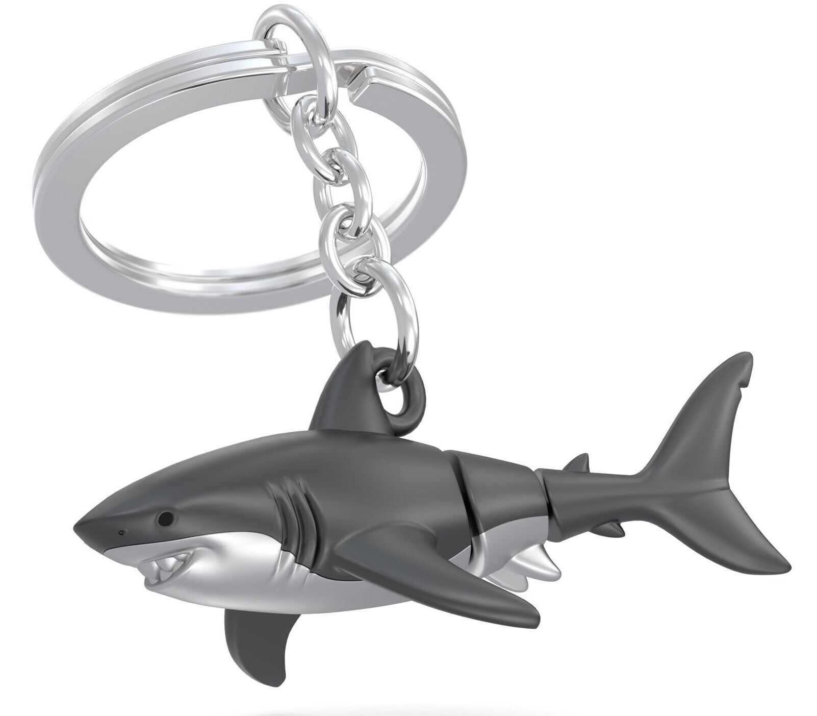 Metalinis raktų pakabukas Gelmių Plėšrūnas – sidabrinis ryklys, 3D detalės, blizgus metalas, nerūdijančio plieno žiedas.