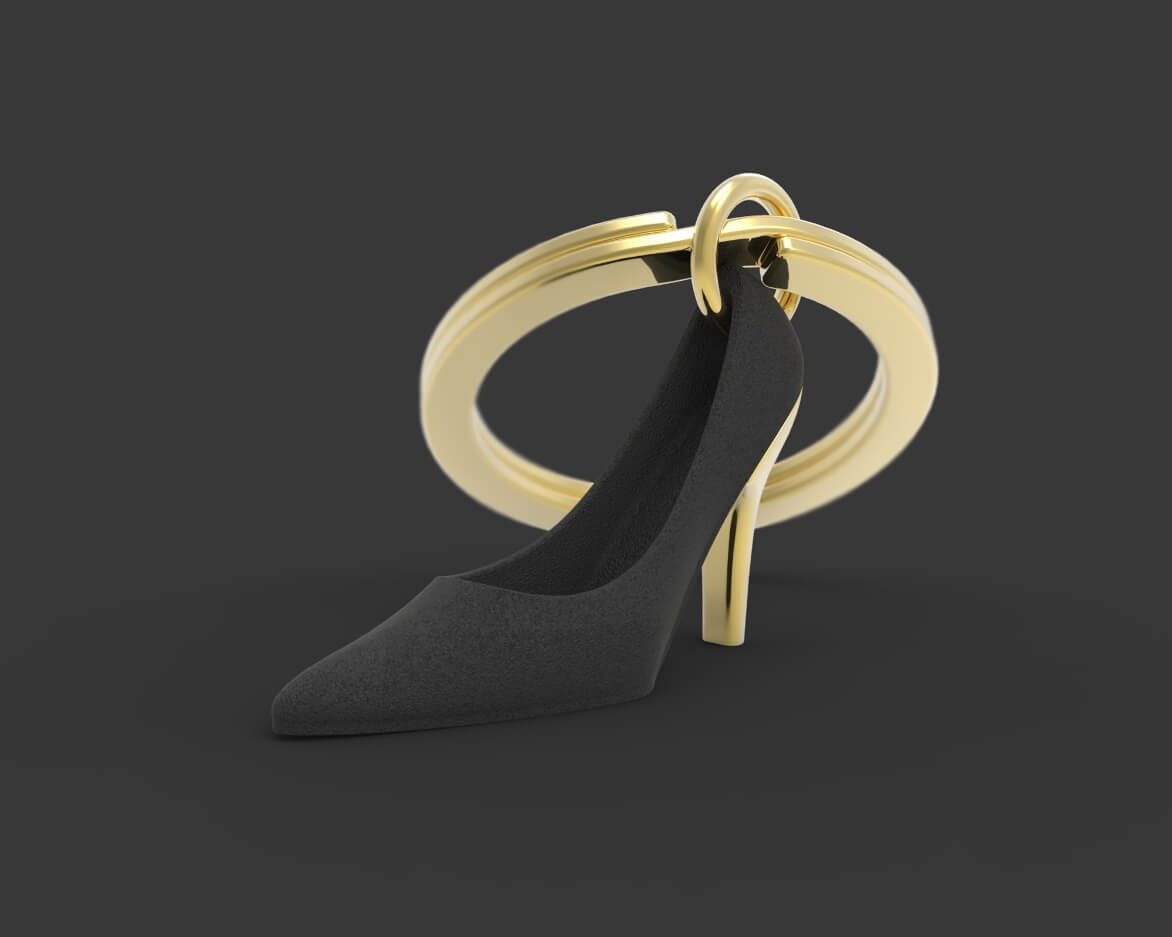 Metalmorphose.lt metalinis raktų pakabukas JUODAS AUKŠTAKULNIS. Juodai nudažytas batelio paviršius, auksiniai akcentai, 3D aukštakulnio miniatiūra. Nerūdijančio plieno žiedas. Pakabukas iš KASDIENYBĖS PASAULIS kolekcijos.