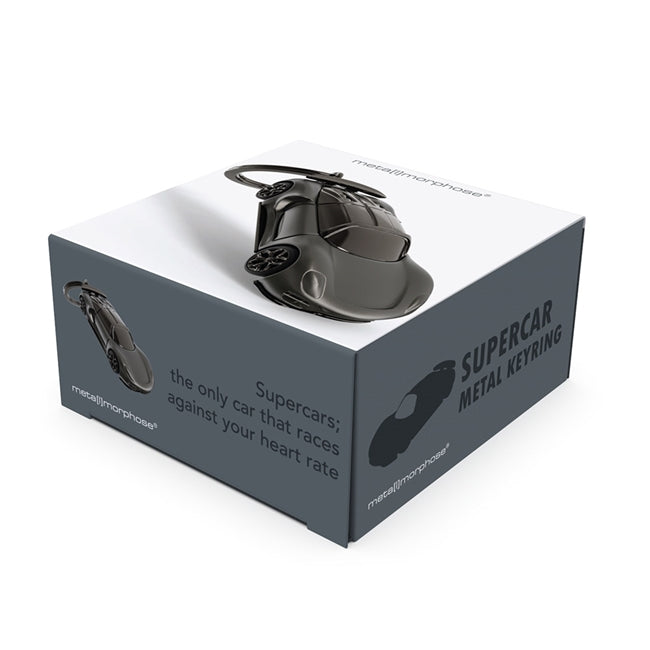 Metalmorphose.lt metalinis raktų pakabukas JUODASIS SUPER AUTOMOBILIS. Visiškai juodas superautomobilio 3D modelis su tamsintais langais ir besisukančiais sportiniais ratais. TRANSPORTO PASAULIS kolekcija.