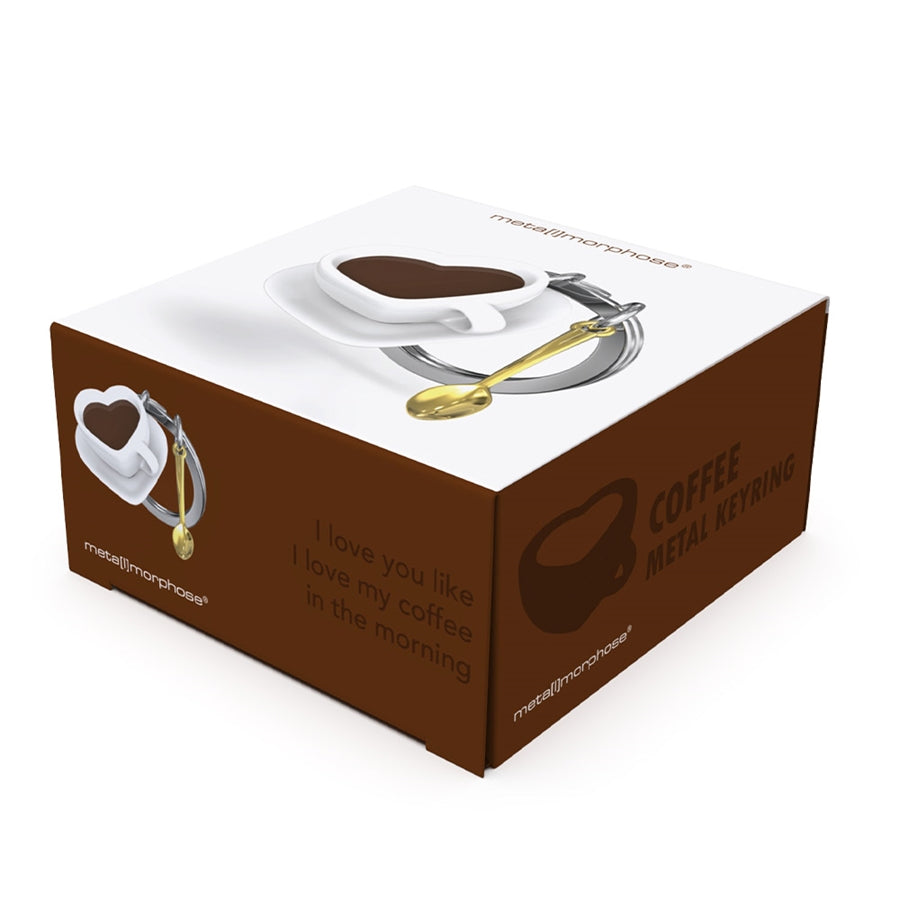 Metalmorphose.lt metalinis raktų pakabukas „Kavos Mylėtojas“ su kavos puodelio ir šaukštelio 3D dizainu. Tvirtos detalės, geras svoris.