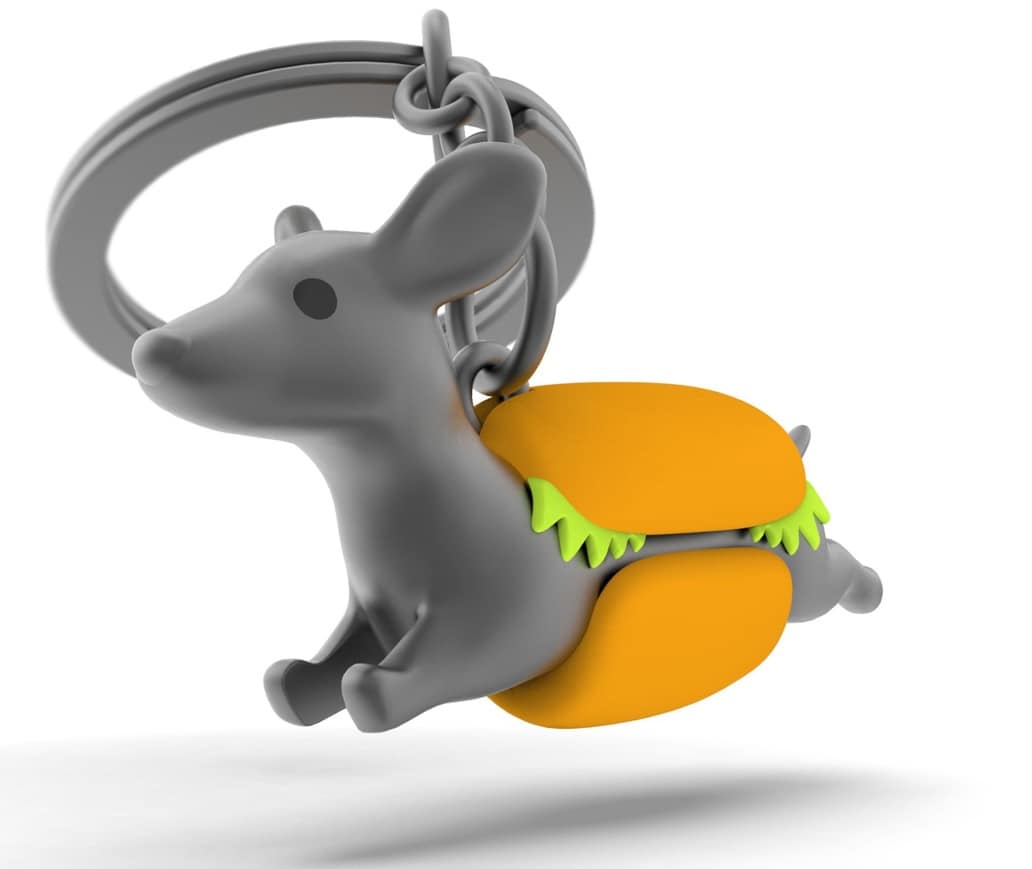 Metalinis raktų pakabukas Karštasis Taksiukas – taksas hotdogas, 3D detalės, rudos ir geltonos spalvos.