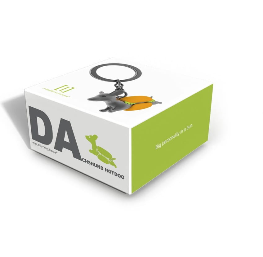 Metalinis raktų pakabukas Karštasis Taksiukas – taksas hotdogas, 3D detalės, rudos ir geltonos spalvos.