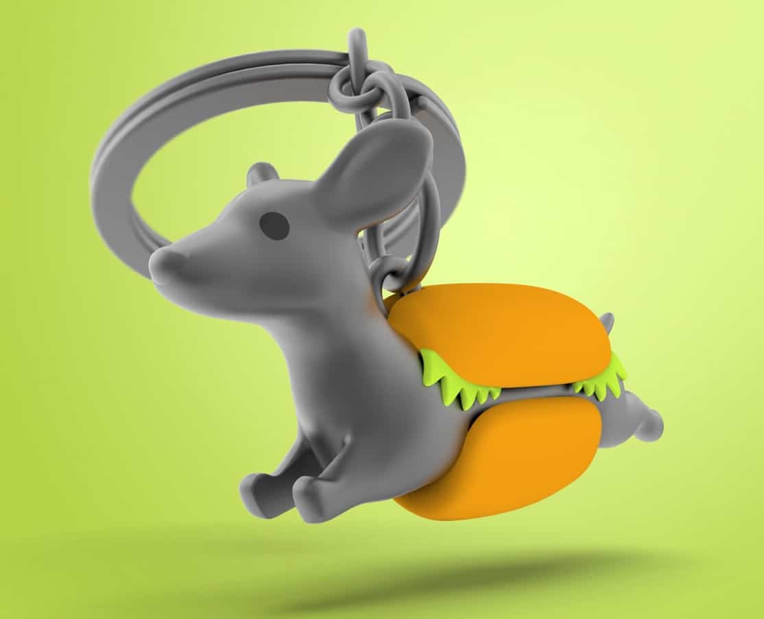 Metalinis raktų pakabukas Karštasis Taksiukas – taksas hotdogas, 3D detalės, rudos ir geltonos spalvos.