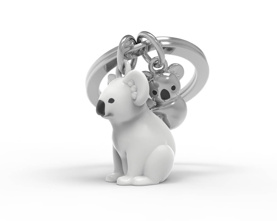 Metalinis raktų pakabukas Koalos Apkabinimas – pilka koala su mažyliu, 3D detalės, metalinis paviršius.
