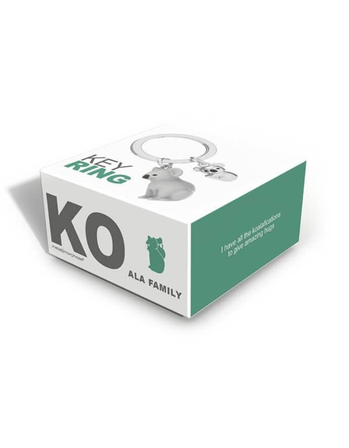 Metalinis raktų pakabukas Koalos Apkabinimas – pilka koala su mažyliu, 3D detalės, metalinis paviršius.