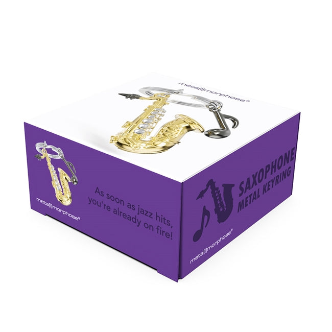Metalmorphose.lt metalinis raktų pakabukas „Liepsnojantis Saksofonas“ – saksofono ir natos 3D miniatiūra iš Muzikos Pasaulis kolekcijos. 