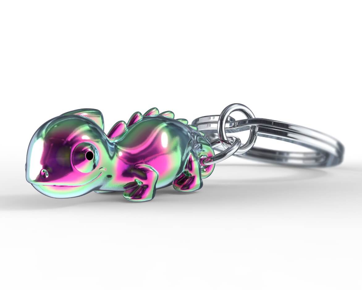 Metalinis raktų pakabukas Lėtasis Chameleonas – spalvingas kameleonas, 3D detalės, spiralės uodega.