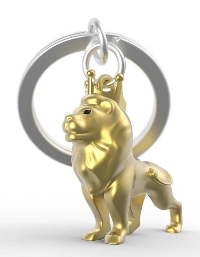 Metalinis raktų pakabukas Liūtas Karalius – auksinė liūto galva, 3D detalės, tvirtas metalinis žiedas.