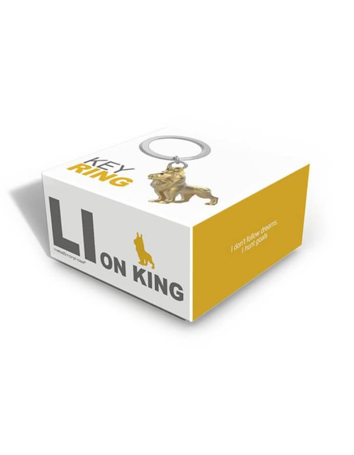 Metalinis raktų pakabukas Liūtas Karalius – auksinė liūto galva, 3D detalės, tvirtas metalinis žiedas.