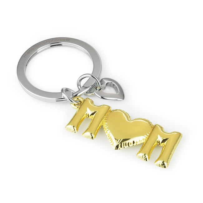 Metalmorphose.lt metalinis raktų pakabukas MAMOS MEILĖ. Auksinis metalinis balionas su tikroviškomis raukšlėmis ir MOM užrašu. Premium metalas. MEILĖS PASAULIS kolekcija.