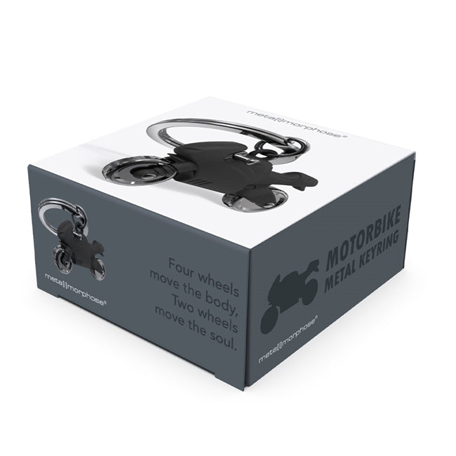 Metalmorphose.lt metalinis raktų pakabukas MATINĖ MOTOCIKLO SIELA. Matinis juodas Superbike motociklas su besisukančiais ratais ir detaliu metaliniu juodu matiniu kėbulu. TRANSPORTO PASAULIS kolekcija.