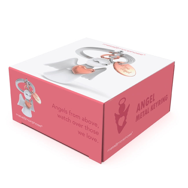 Metalmorphose.lt metalinis raktų pakabukas MEILĖS ANGELAS. Metalinis angelas su rose gold lentele „Love Angel“. Premium simbolinė miniatiūra iš SIMBOLIŲ PASAULIS kolekcijos.
