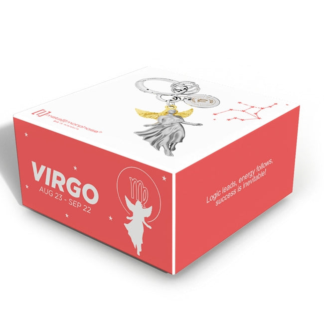 Metalmorphose.lt metalinis raktų pakabukas MERGELĖ. Elegantiška Mergelės figūra, auksiniai sparnai, žemės ženklo simbolika, premium cinko lydinys, plieno žiedas. Pakabukas iš ZODIAKŲ PASAULIS kolekcijos.