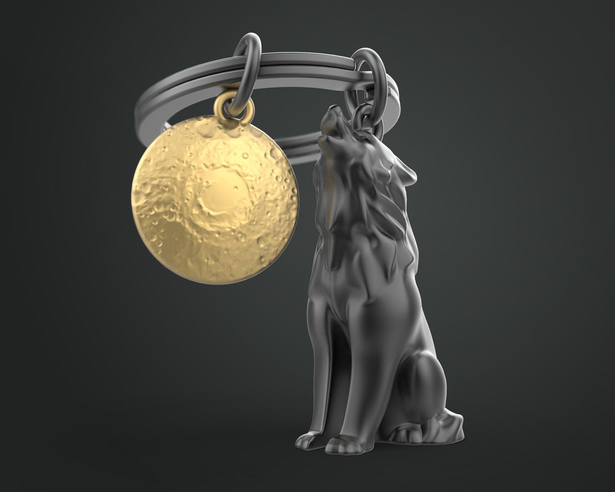 Metalinis raktų pakabukas Mėnulio Vilkas – vilkas ir mėnulis, tamsus 3D siluetas, nerūdijančio plieno žiedas, premium detalės.