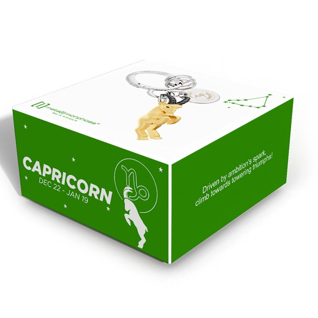 Metalmorphose.lt metalinis raktų pakabukas OŽIARAGIS. Auksinė 3D Ožiaragio ženklo miniatiūra, žemės elemento simbolika, premium cinko lydinys, plieno žiedas. Pakabukas iš ZODIAKŲ PASAULIS kolekcijos.