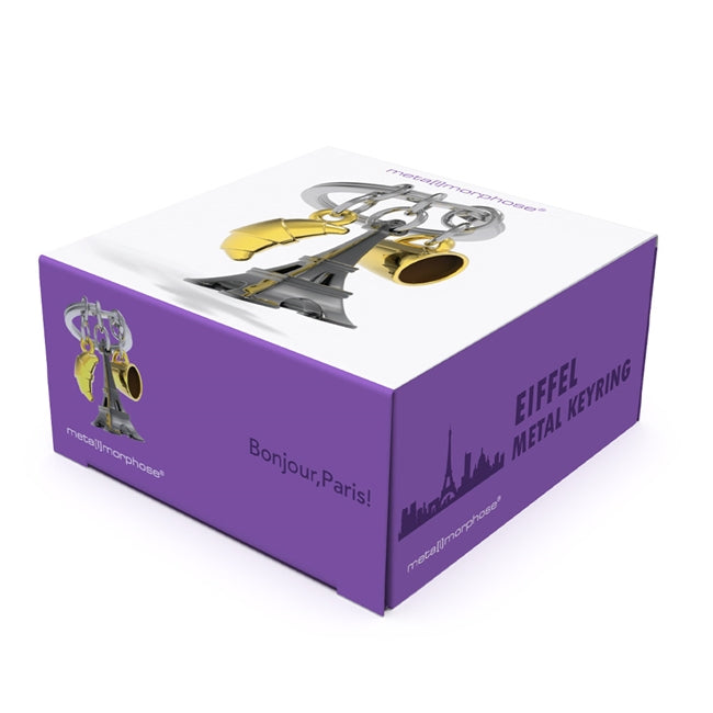 Metalmorphose.lt metalinis raktų pakabukas PARYŽIAUS TRIO. Juodas Eifelio bokštas, auksinis kruasanas ir auksinis kavos puodelis. 3D prancūziškų miniatiūrų rinkinys. Nerūdijančio plieno žiedas. Pakabukas iš KELIONIŲ PASAULIS kolekcijos.
