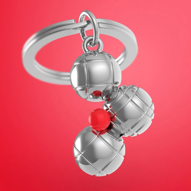 Metalmorphose.lt metalinis raktų pakabukas PETANKĖS MEISTRAS. 3 petankės kamuoliukai, detalūs grioveliai, premium cinko lydinys, plieno žiedas. Iš SPORTO PASAULIS kolekcijos.