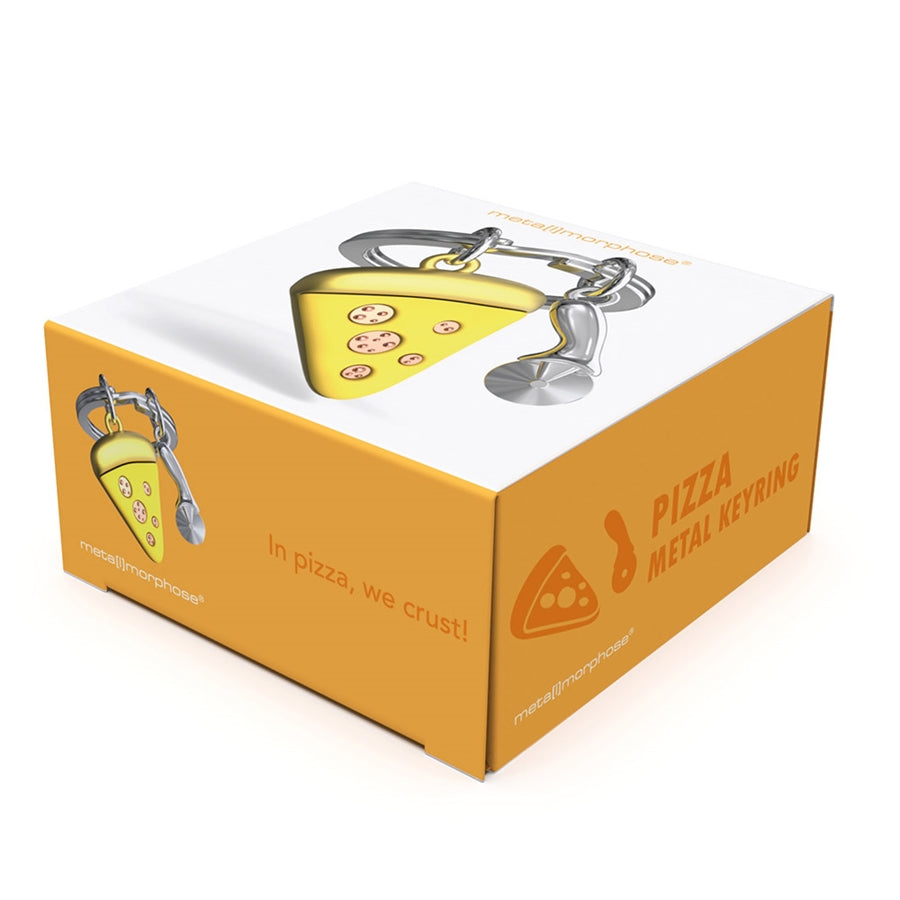 Metalinis raktų pakabukas „Picos Skiltis“ – premium 3D Metalmorphose miniatiūra iš Skonių Pasaulis kolekcijos. Picos simbolis, draugystės ir skonio akimirkų talismanas. Pica ir picos pjaustyklė.