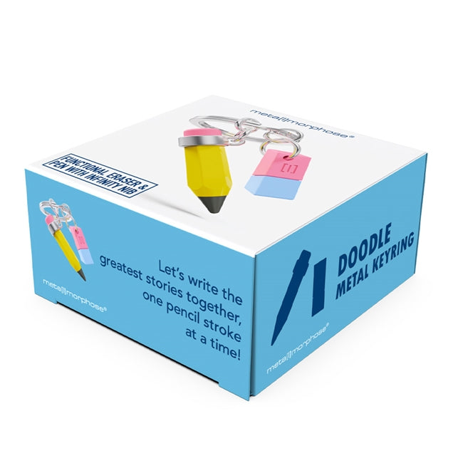 Metalmorphose.lt metalinis raktų pakabukas PIEŠTUKAS IR TRINTUKAS. Sidabrinis cinko lydinio korpusas, nudažytos geltonos, medžio ir rausvos detalės. Pieštuko ir trintuko 3D miniatiūra. Nerūdijančio plieno žiedas. Raktų pakabukas iš KASDIENYBĖS PASAULIS kolekcijos.