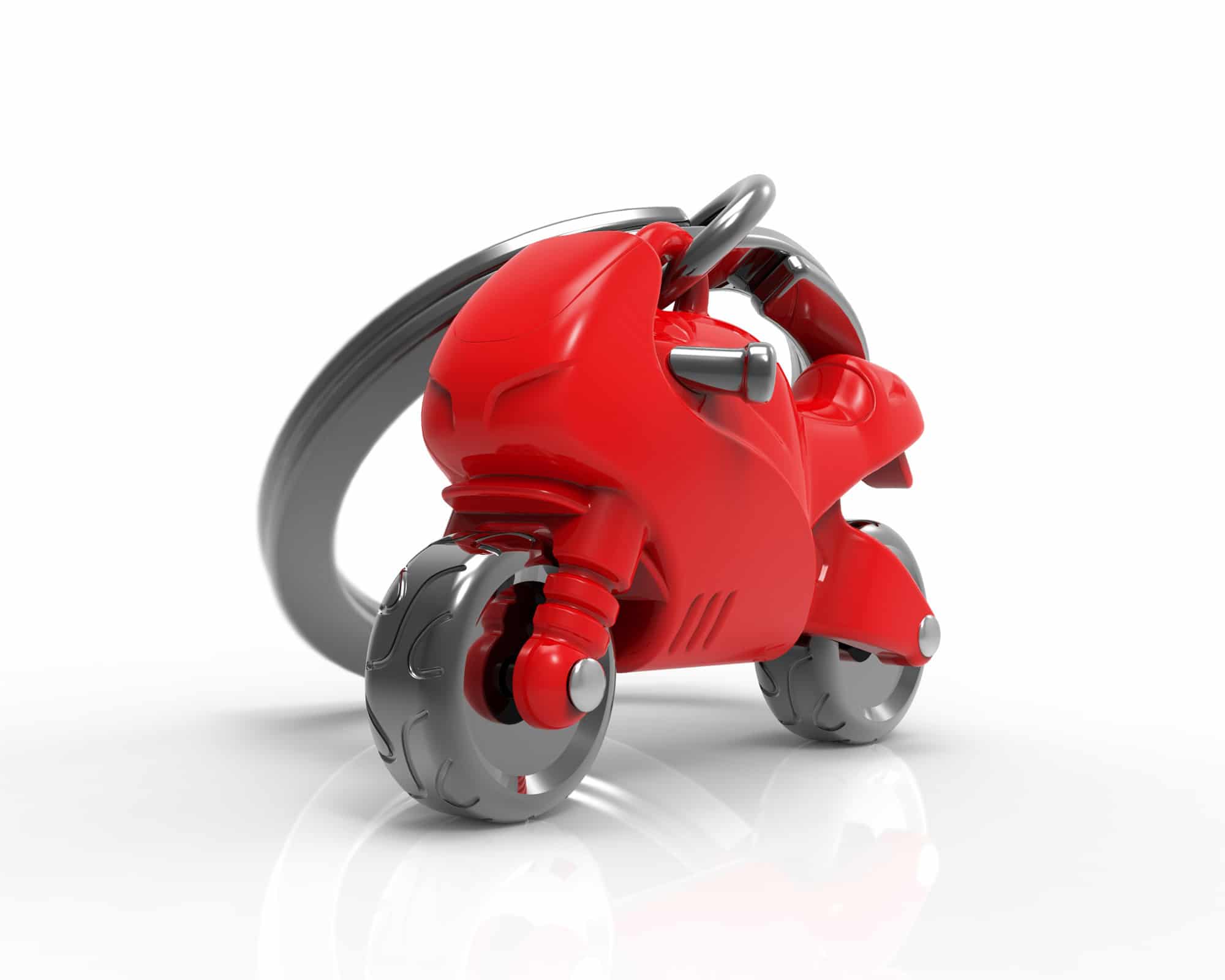 Metalmorphose.lt metalinis raktų pakabukas RAUDONA MOTOCIKLO SIELA. Ryškiai raudonas Superbike motociklas su tamsiai pilkais chromuotais besisukančiais ratais. TRANSPORTO PASAULIS kolekcija.