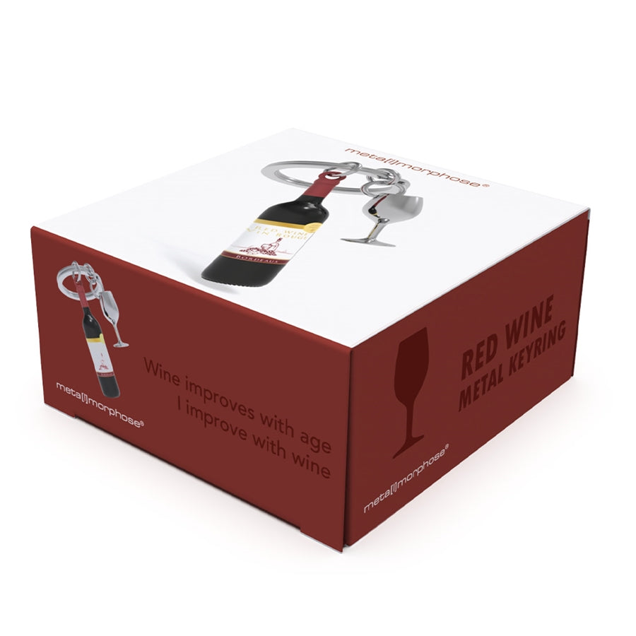 Metalinis raktų pakabukas „Raudonas Vynas“ su vyno butelio ir taurės 3D dizainu iš Metalmorphose SKONIŲ PASAULIS kolekcijos.
