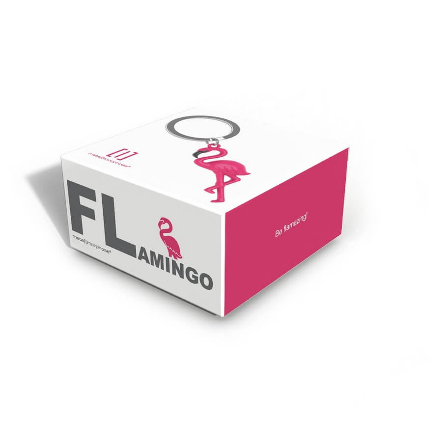 Metalinis raktų pakabukas Rožinis Flamingas – ryškiai rožinis flamingas, 3D detalės, cinko lydinys, nerūdijančio plieno žiedas.