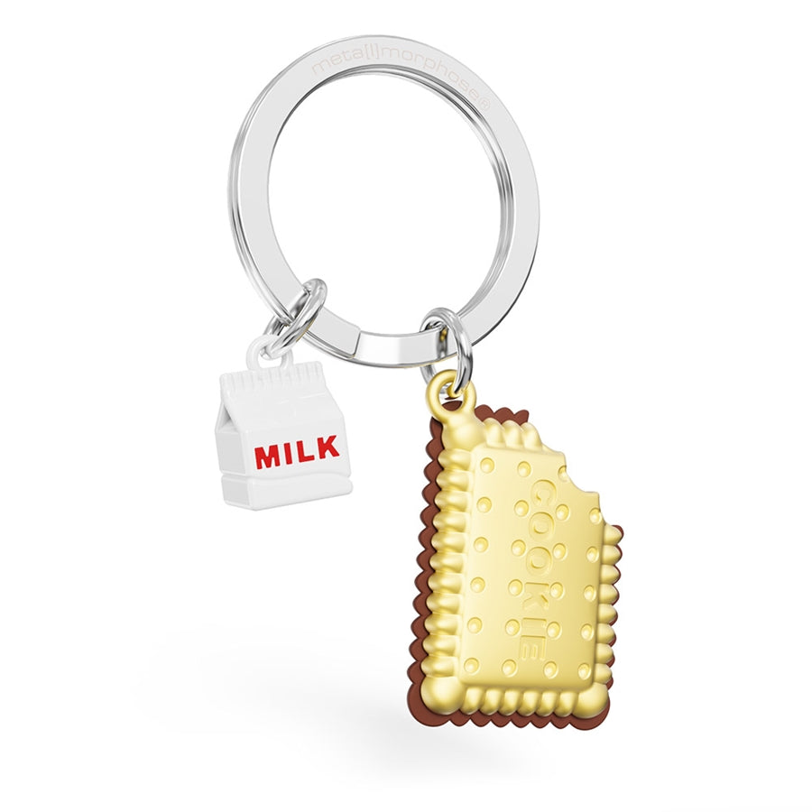 Metalinis raktų pakabukas „Sausainis su Pienu“ - sausainio ir pieno 3D miniatiūra iš Metalmorphose kolekcijos Skonių Pasaulis. Detalės atkąstas sausainis, pienas, šokolado pagrindas